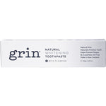 Side view of a Grin Natural Whitening Toothpaste box highlighting key ingredients like baking soda and organic sea salt.