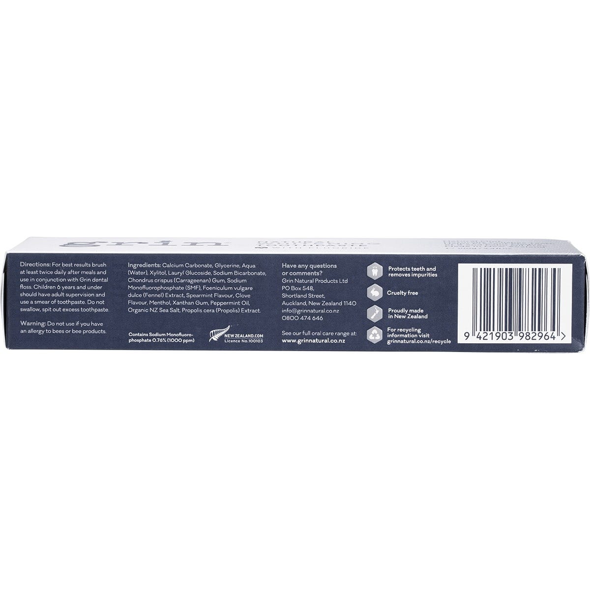 Front of Grin Natural Whitening Toothpaste 100g tube with a light blue and white design.