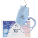 Happy Bum 2L Silicone Enema Kit featuring a clear bag, long hose, blue flow control clamp, and white nozzle tips.