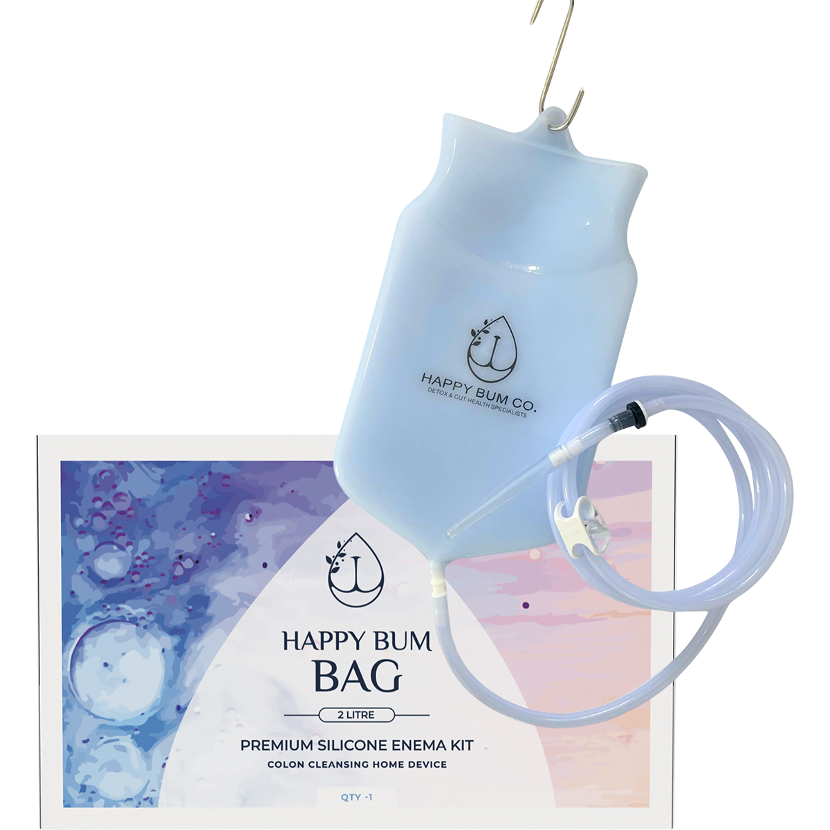 Happy Bum 2L Silicone Enema Kit featuring a clear bag, long hose, blue flow control clamp, and white nozzle tips.