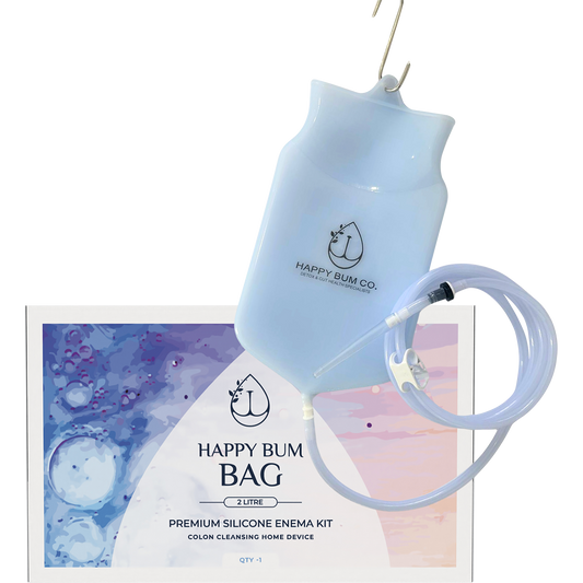 Happy Bum 2L Silicone Enema Kit featuring a clear bag, long hose, blue flow control clamp, and white nozzle tips.