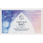 White and blue box for the Happy Bum Silicone Enema Kit 2L with a clear window showing the silicone bag and components.