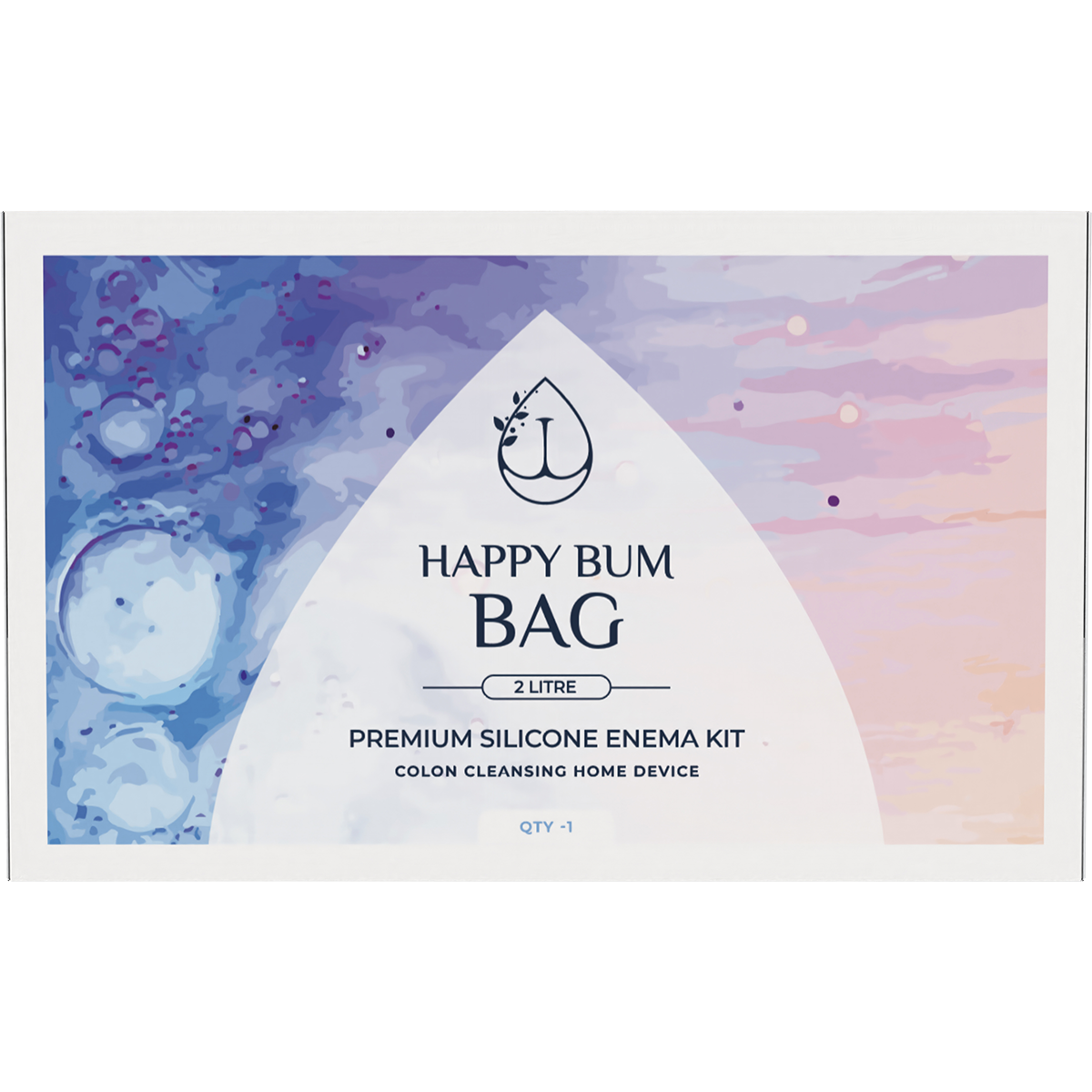 White and blue box for the Happy Bum Silicone Enema Kit 2L with a clear window showing the silicone bag and components.
