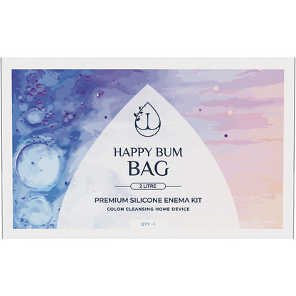 White and blue box for the Happy Bum Silicone Enema Kit 2L with a clear window showing the silicone bag and components.