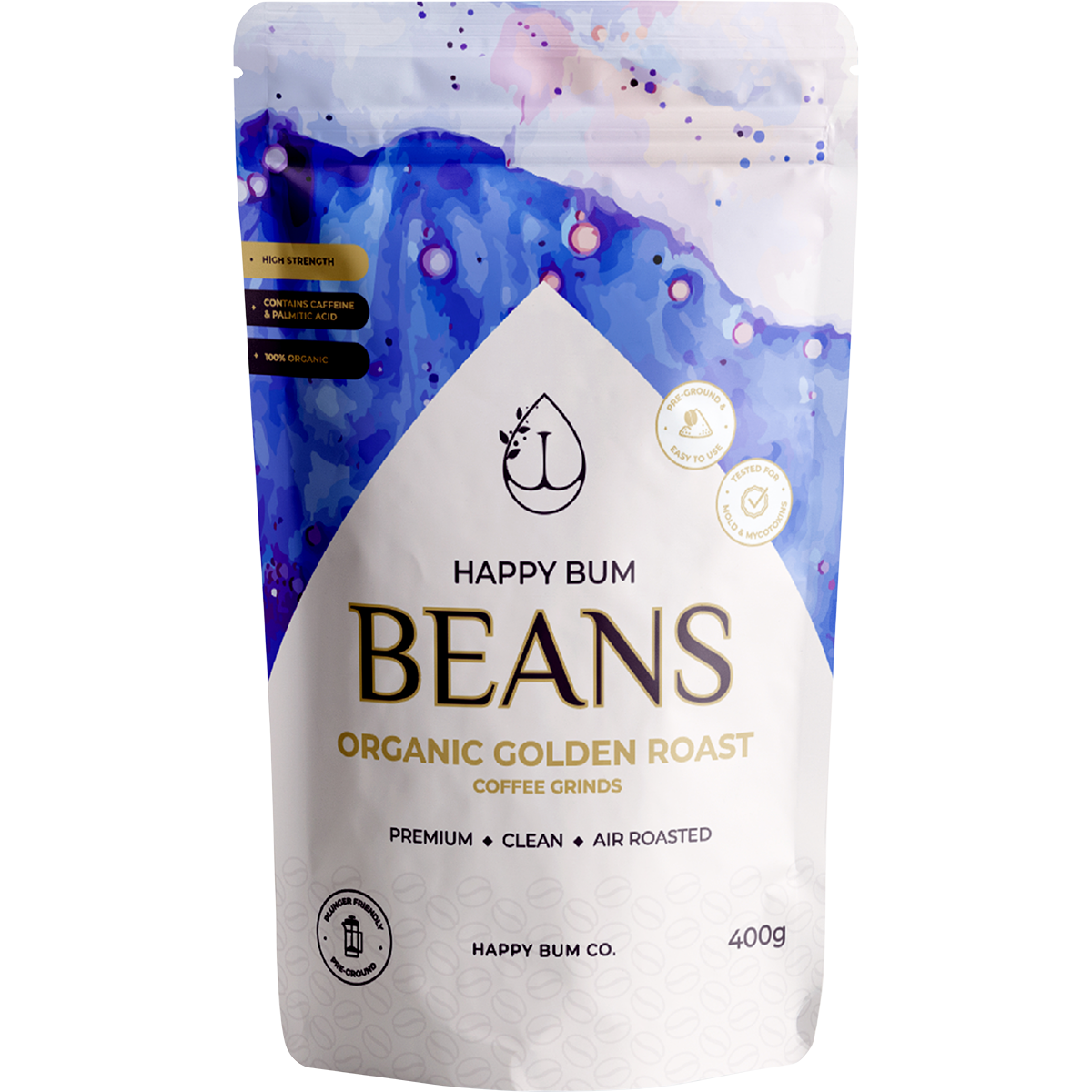 A 400g bag of Happy Bum Organic Golden Roast Enema Coffee with a light tan and gold label.