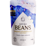 A 400g bag of Happy Bum Organic Golden Roast Enema Coffee with a light tan and gold label.
