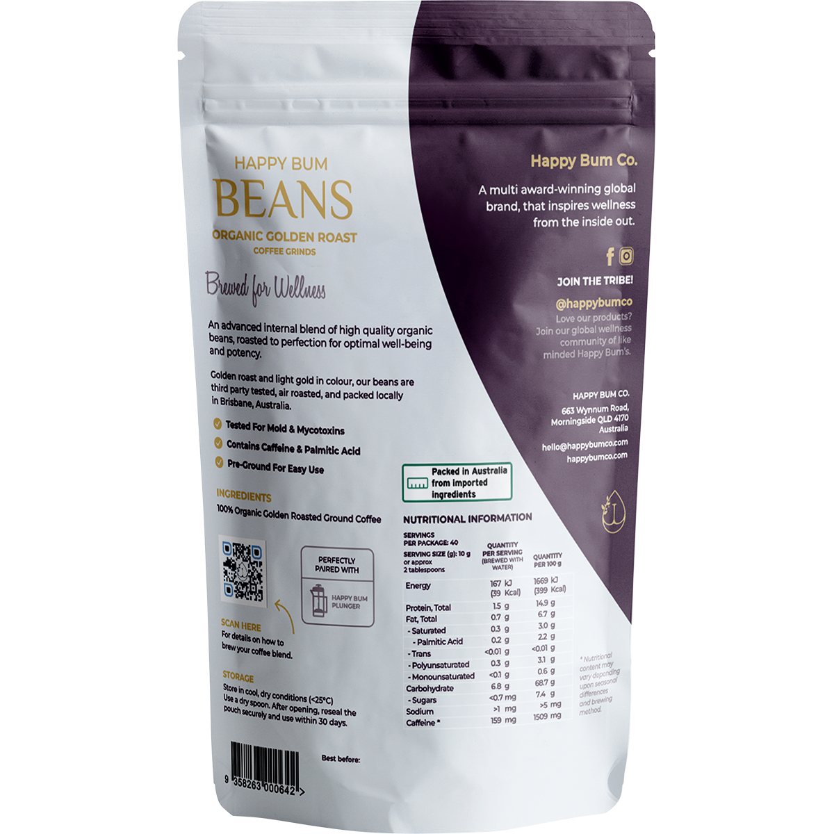 Back of Happy Bum Golden Roast coffee bag with benefits, ingredients, and brewing instructions on a white background.
