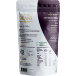 Back of Happy Bum Golden Roast coffee bag with benefits, ingredients, and brewing instructions on a white background.