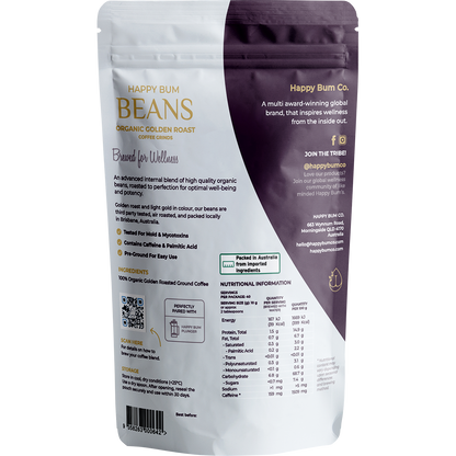 Back of Happy Bum Golden Roast coffee bag with benefits, ingredients, and brewing instructions on a white background.