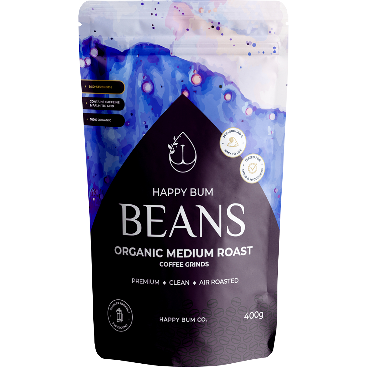 400g bag of Happy Bum Organic Medium Roast Ground Coffee Beans for enemas in white and brown packaging.