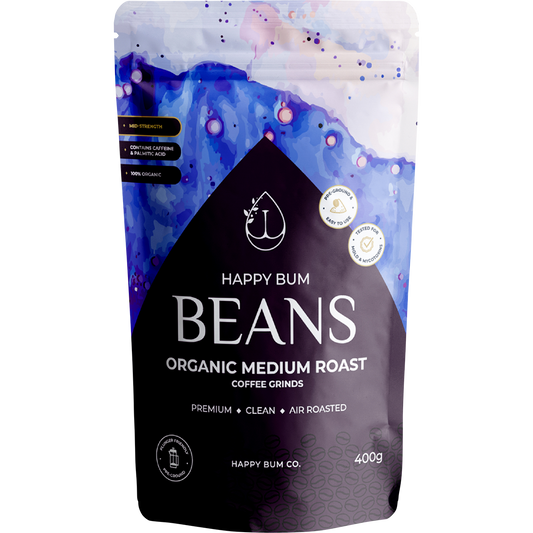 400g bag of Happy Bum Organic Medium Roast Ground Coffee Beans for enemas in white and brown packaging.