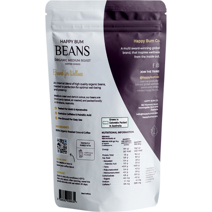 Back of Happy Bum Ground Coffee 400g bag with ingredients, directions, and barcode on a white background.