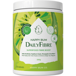A 250g tub of Happy Bum Daily Fibre with a white and green label featuring a pineapple and kiwifruit.