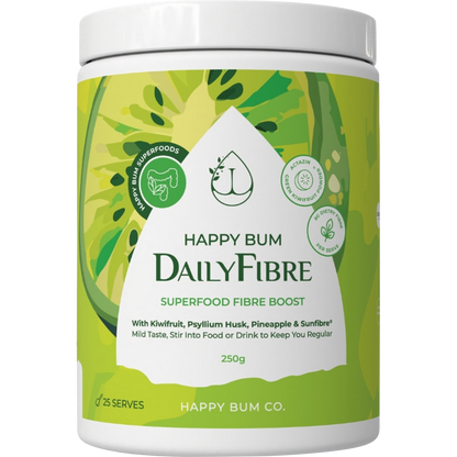 A 250g tub of Happy Bum Daily Fibre with a white and green label featuring a pineapple and kiwifruit.