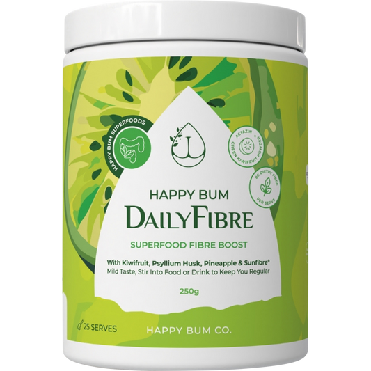 A 250g tub of Happy Bum Daily Fibre with a white and green label featuring a pineapple and kiwifruit.