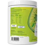 Back of Happy Bum Daily Fibre tub showing ingredients, directions, and barcode on a white and green label.