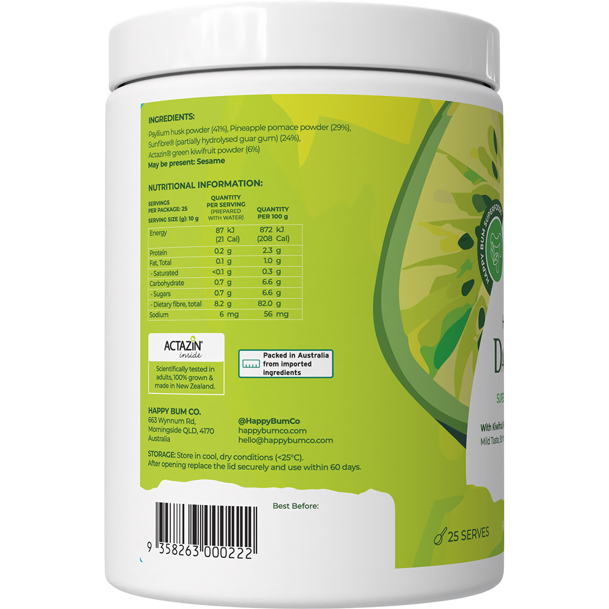 Back of Happy Bum Daily Fibre tub showing ingredients, directions, and barcode on a white and green label.