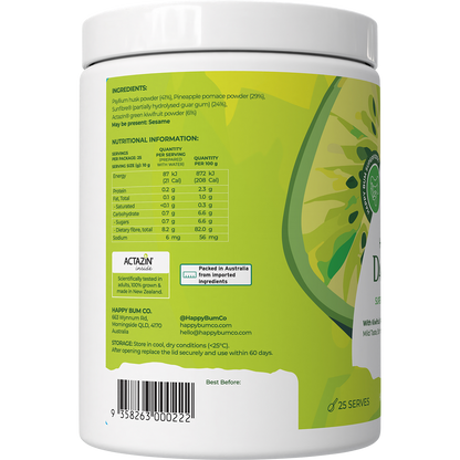 Back of Happy Bum Daily Fibre tub showing ingredients, directions, and barcode on a white and green label.
