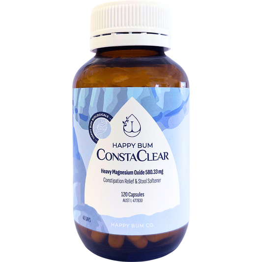 White bottle of Happy Bum ConstaClear 120 capsules with a simple teal and black label.