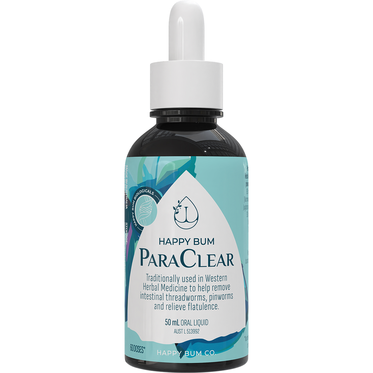 50ml bottle of Happy Bum ParaClear with a white label and a black dropper cap.