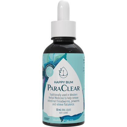 50ml bottle of Happy Bum ParaClear with a white label and a black dropper cap.