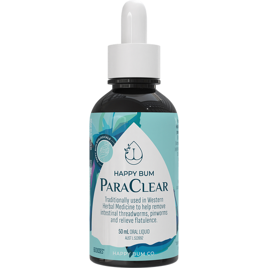50ml bottle of Happy Bum ParaClear with a white label and a black dropper cap.