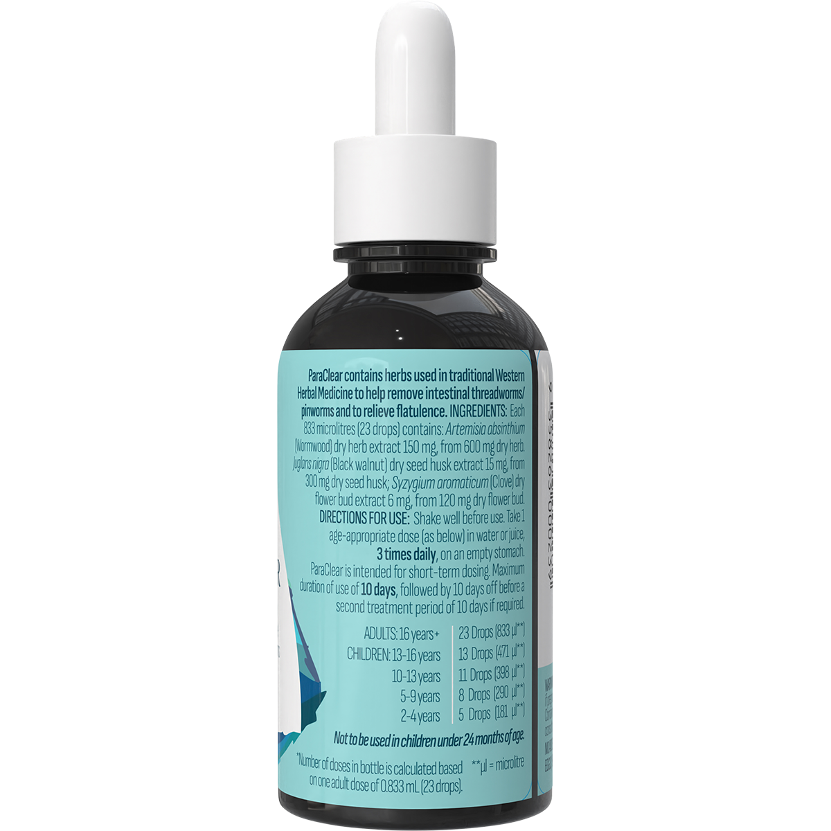 Back of 50ml Happy Bum ParaClear bottle showing botanical ingredients, dosage, and 9358263000239 barcode.