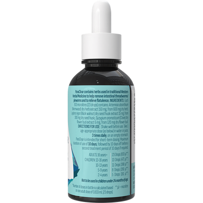 Back of 50ml Happy Bum ParaClear bottle showing botanical ingredients, dosage, and 9358263000239 barcode.