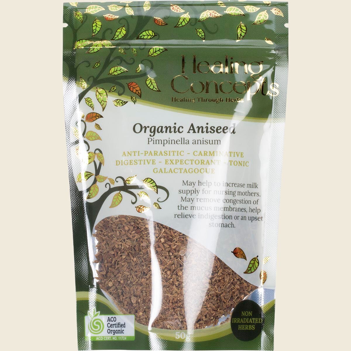 50g bag of Healing Concepts Organic Aniseed, featuring a clear window showing small, oval, aromatic brown seeds.