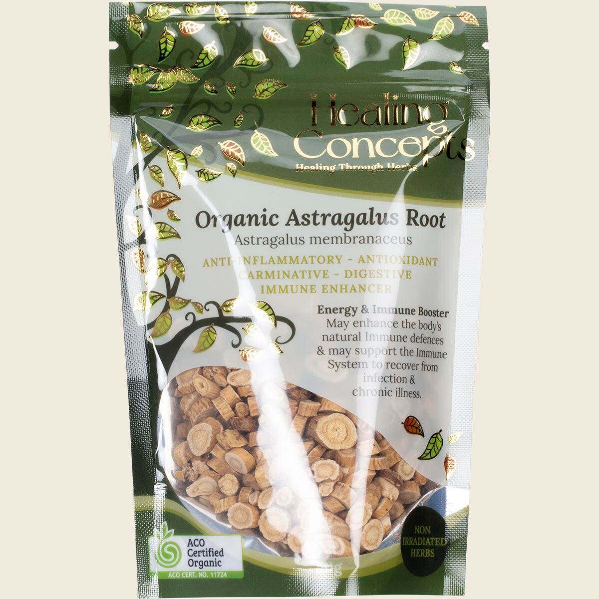 Healing Concepts Organic Astragalus Root 50g in a clear resealable pouch with a white and green label.