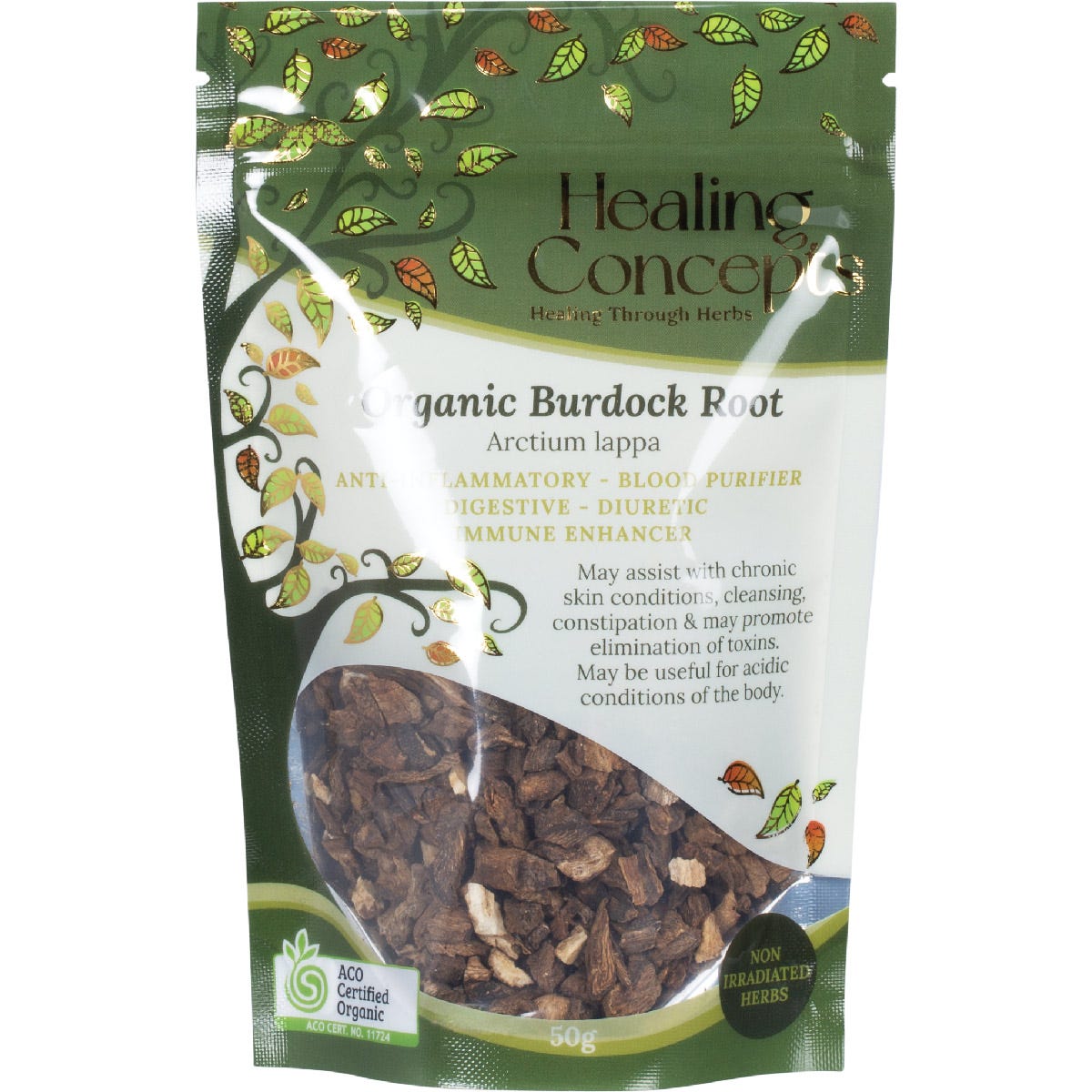 50g bag of Healing Concepts Organic Burdock Root loose leaf tea for blood purifying and rejuvenating support.