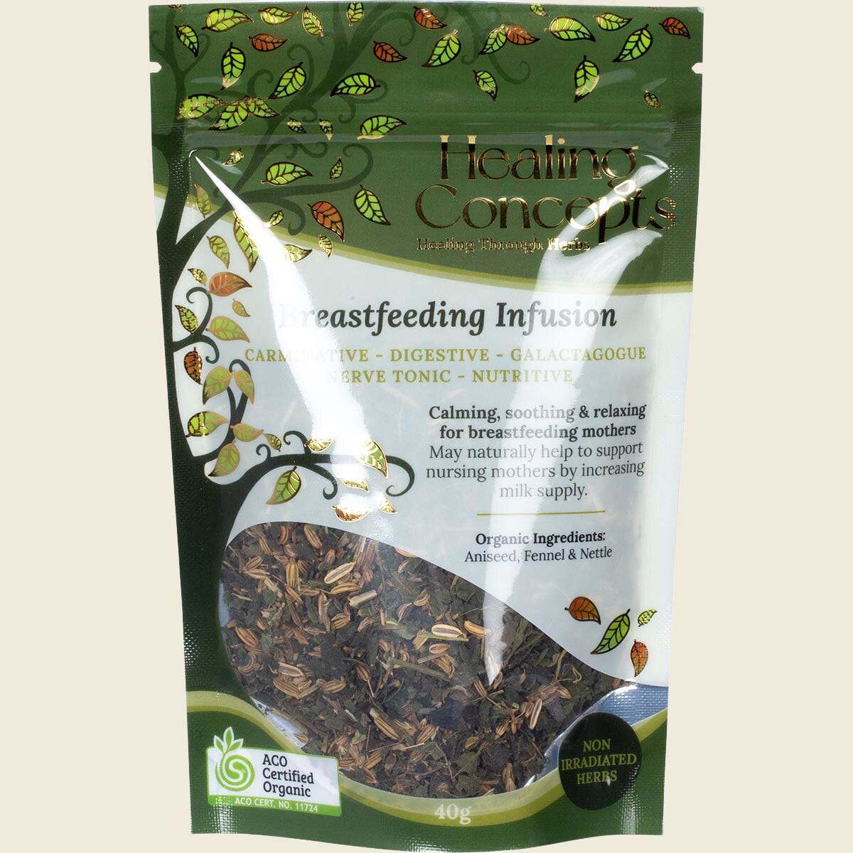 Healing Concepts Breastfeeding Infusion 40g packet with botanical illustrations and organic certification.