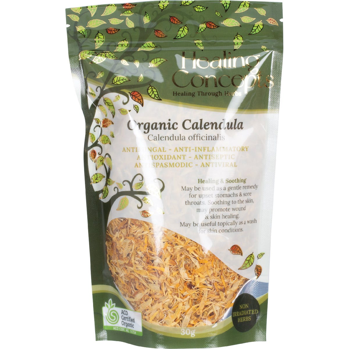 30g bag of Healing Concepts Organic Calendula tea featuring dried orange petals and green leaves on the label.
