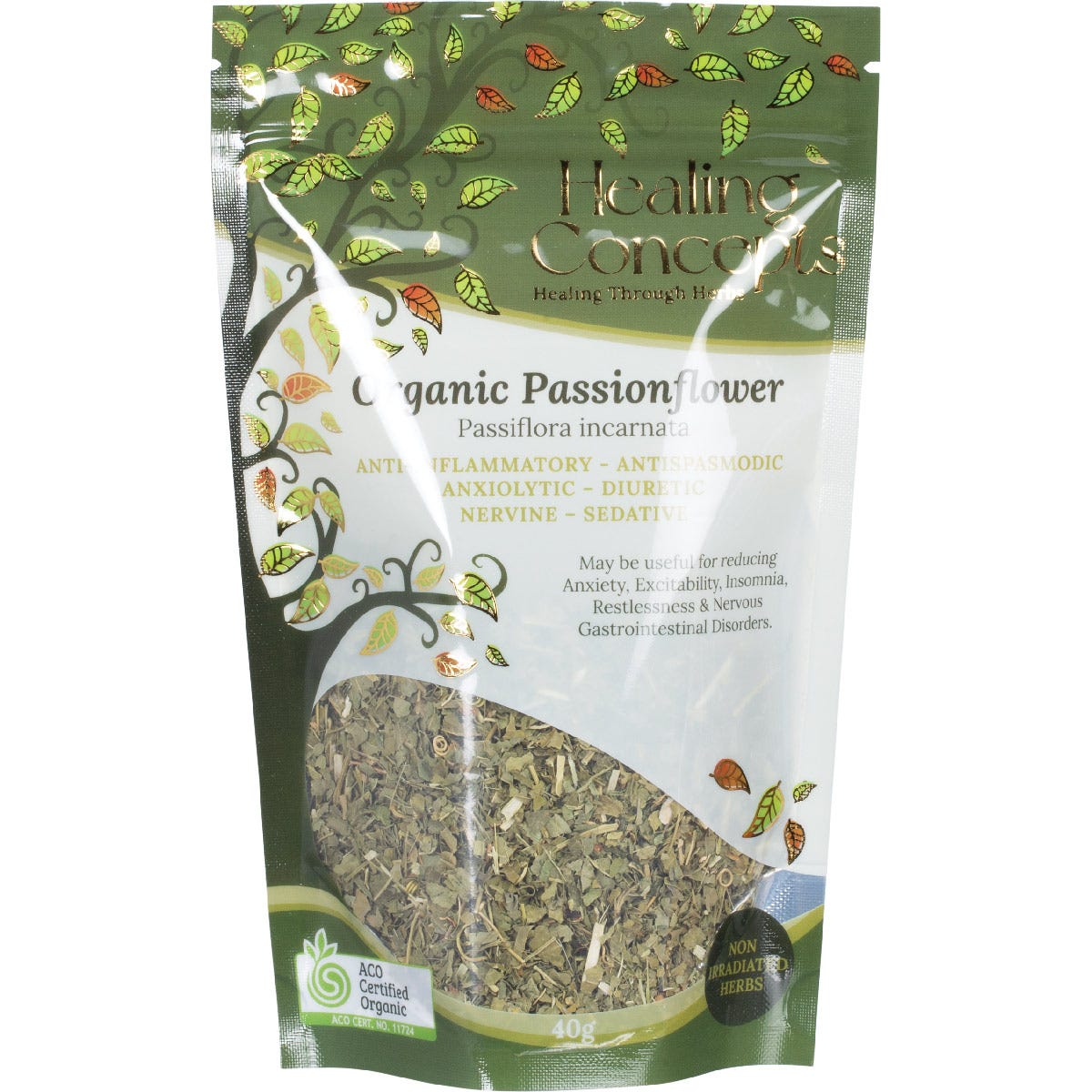 40g pack of Healing Concepts Organic Passionflower loose leaf tea for anxiety and sleep support.
