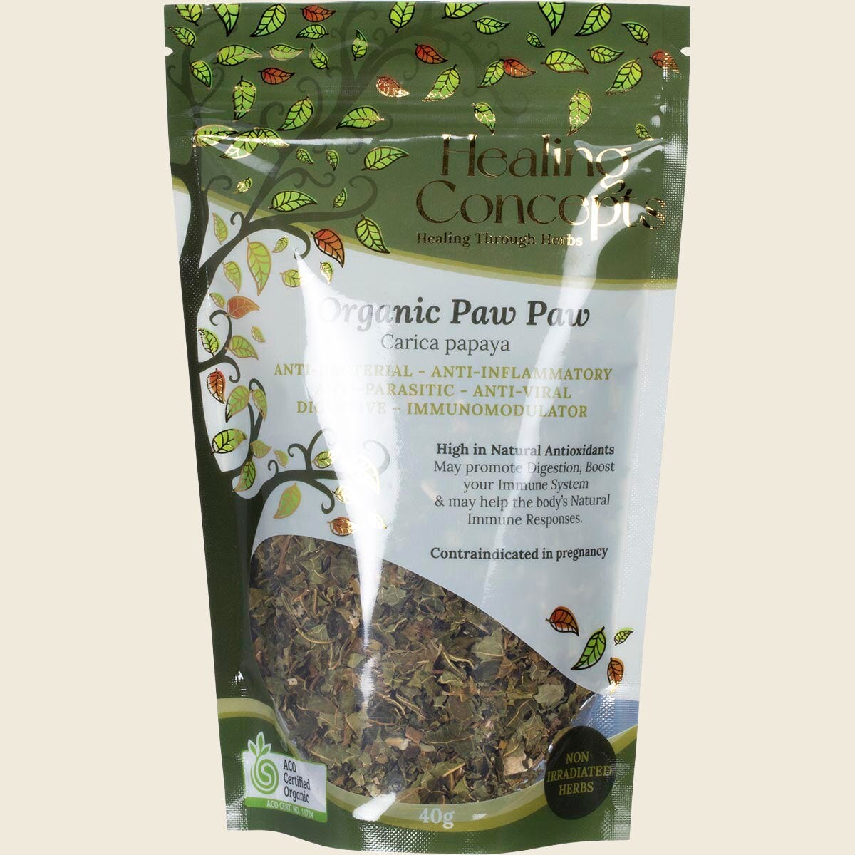 40g pack of Healing Concepts Organic Paw Paw leaf tea from Spain and Portugal for digestive and skin health.