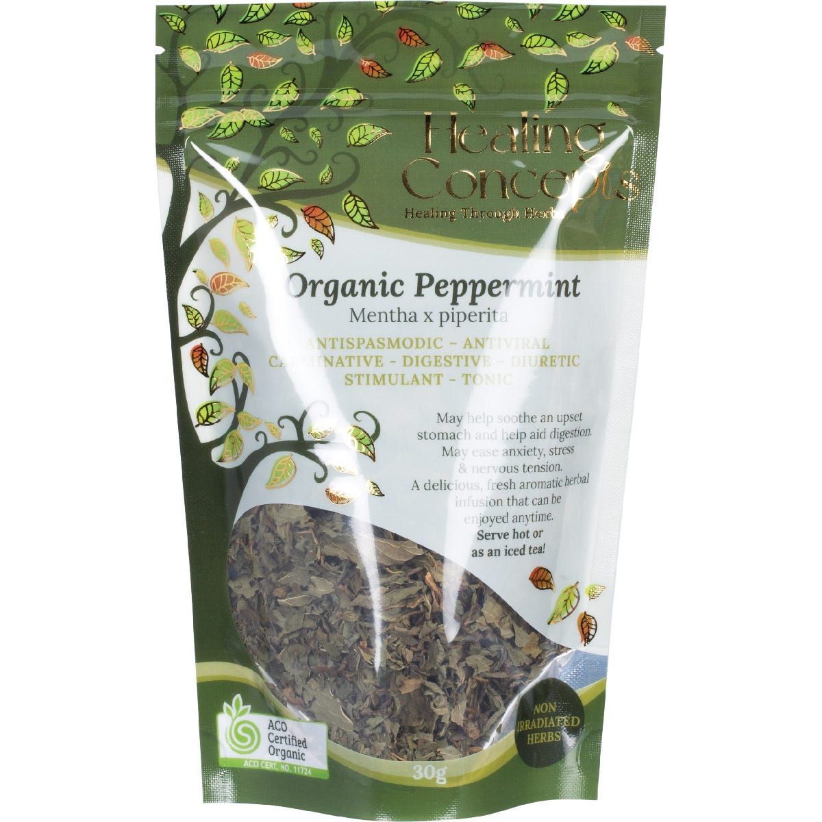 Healing Concepts Organic Peppermint 30g loose leaf tea in a clear bag with a white and green label.