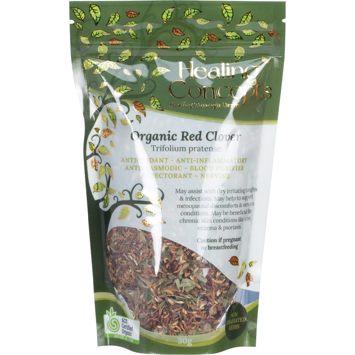 Healing Concepts Organic Red Clover 30g loose leaf tea in a clear bag with a white and green label.