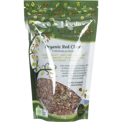Healing Concepts Organic Red Clover 30g loose leaf tea in a clear bag with a white and green label.