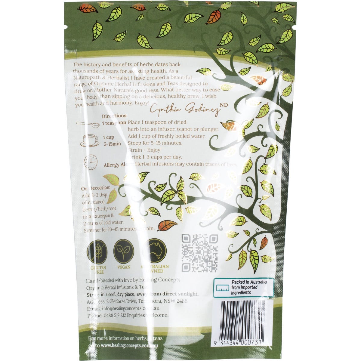 Back of Healing Concepts Organic Red Clover 30g pack showing product information and nutritional facts.