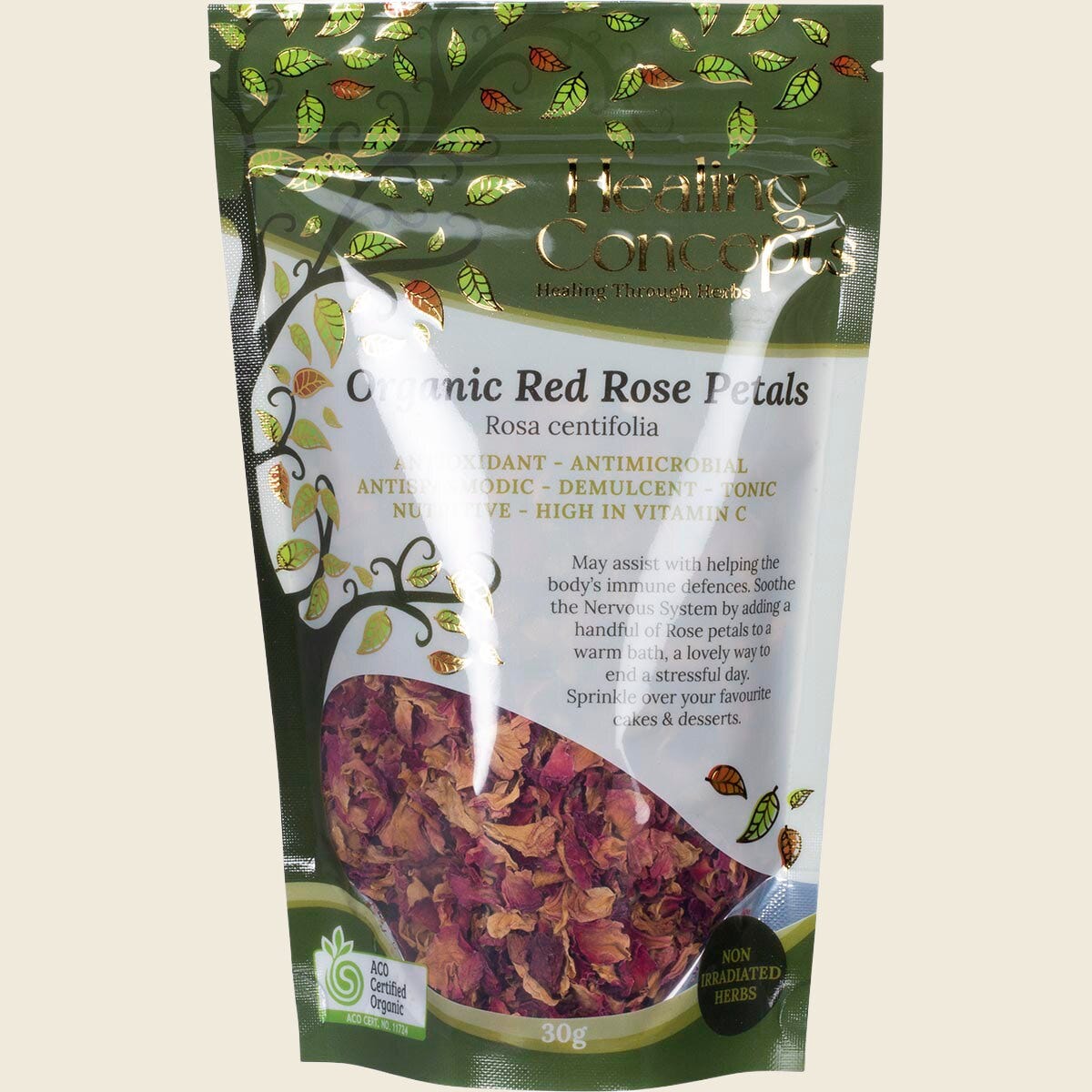 30g bag of Healing Concepts Organic Red Rose Petals with dried red petals visible through a clear window.