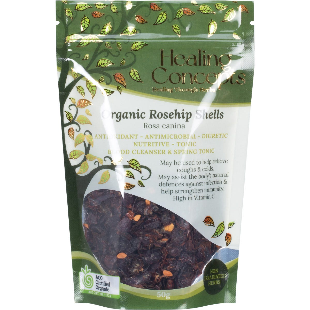 Healing Concepts Organic Rosehip Shells 50g in a clear resealable pouch with a white and green label.