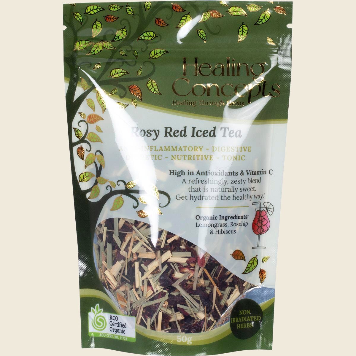 50g bag of Healing Concepts Rosy Red Iced Tea featuring dried hibiscus, rosehips, and lemongrass.
