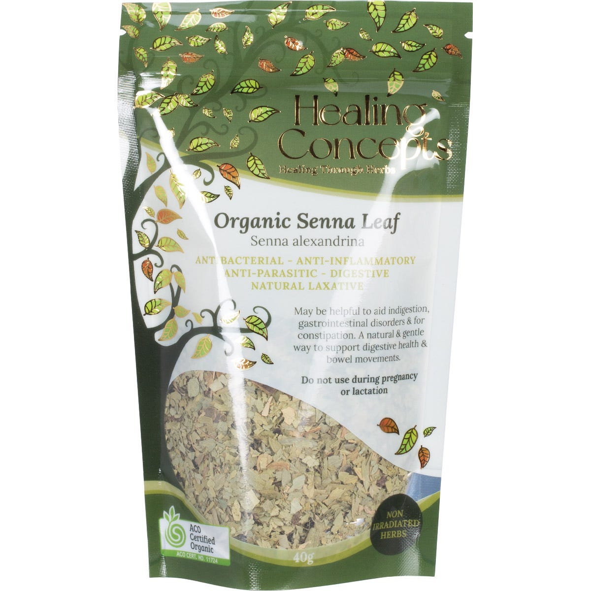 Healing Concepts Organic Senna Leaf 40g bag featuring dried green leaves and organic certification logos.