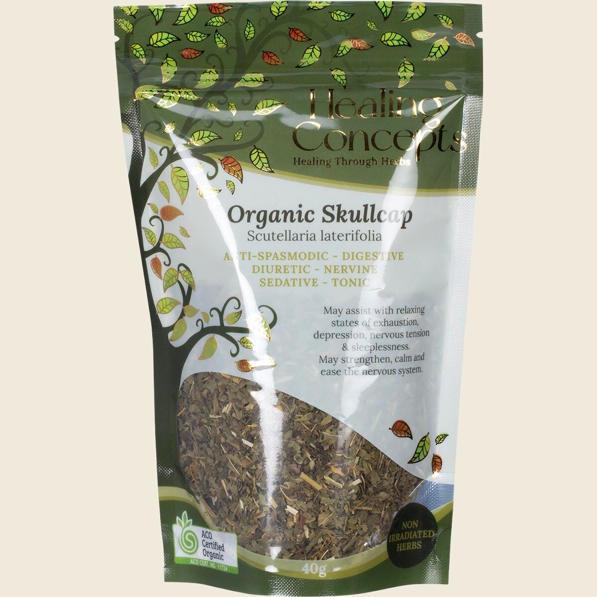 Healing Concepts Organic Skullcap 40g bag of loose leaf herbal tea with a white and green label.