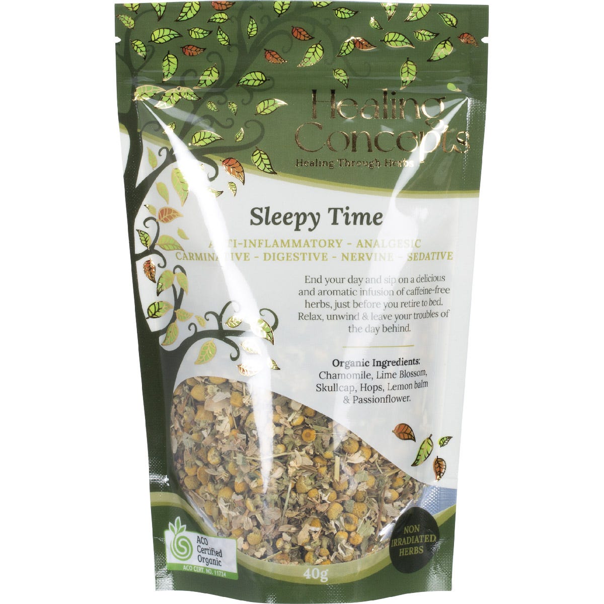 Healing Concepts Sleepy Time 40g organic herbal tea pouch with chamomile and lemon balm.