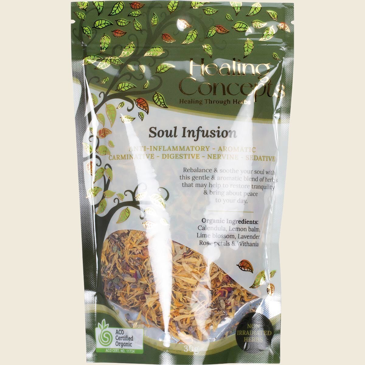 Healing Concepts Soul Infusion 30g loose leaf tea in a clear resealable pouch with a white and yellow label.