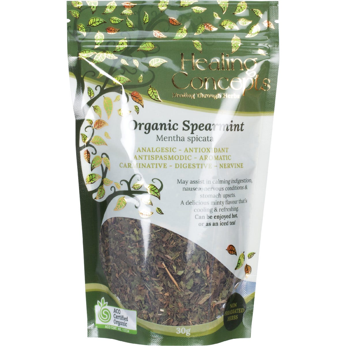 Healing Concepts Organic Spearmint 30g loose leaf tea in a resealable white and green pouch.