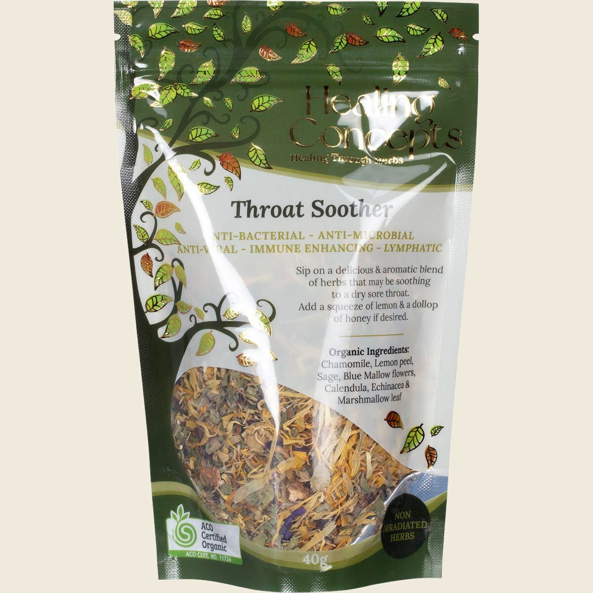 Healing Concepts Throat Soother 40g organic herbal tea blend in a clear bag with a brown and white label.