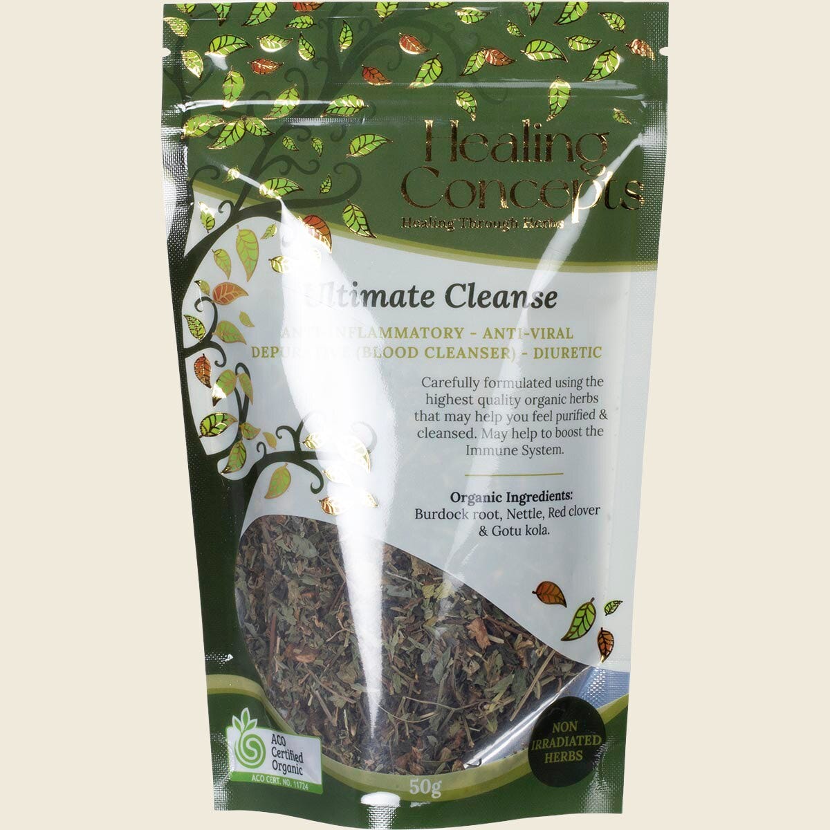 50g pouch of Healing Concepts Organic Ultimate Cleanse herbal tea blend with burdock, nettle, and red clover.