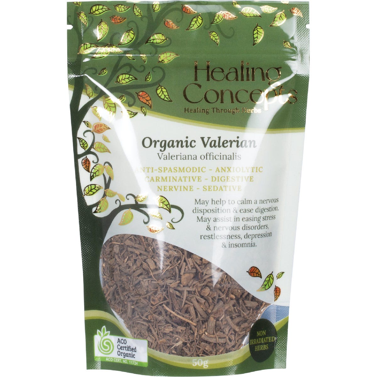 50g pouch of Healing Concepts Organic Valerian tea featuring a simple white label with green text and a clear window.